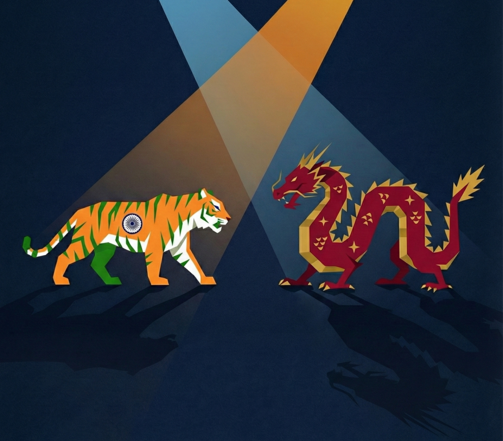 This image is showing how the asian giants India and China are facing off against each other without choosing extreme options and trying to anticipate each other's next move