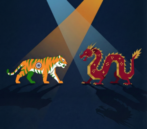 This image is showing how the asian giants India and China are facing off against each other without choosing extreme options and trying to anticipate each other's next move