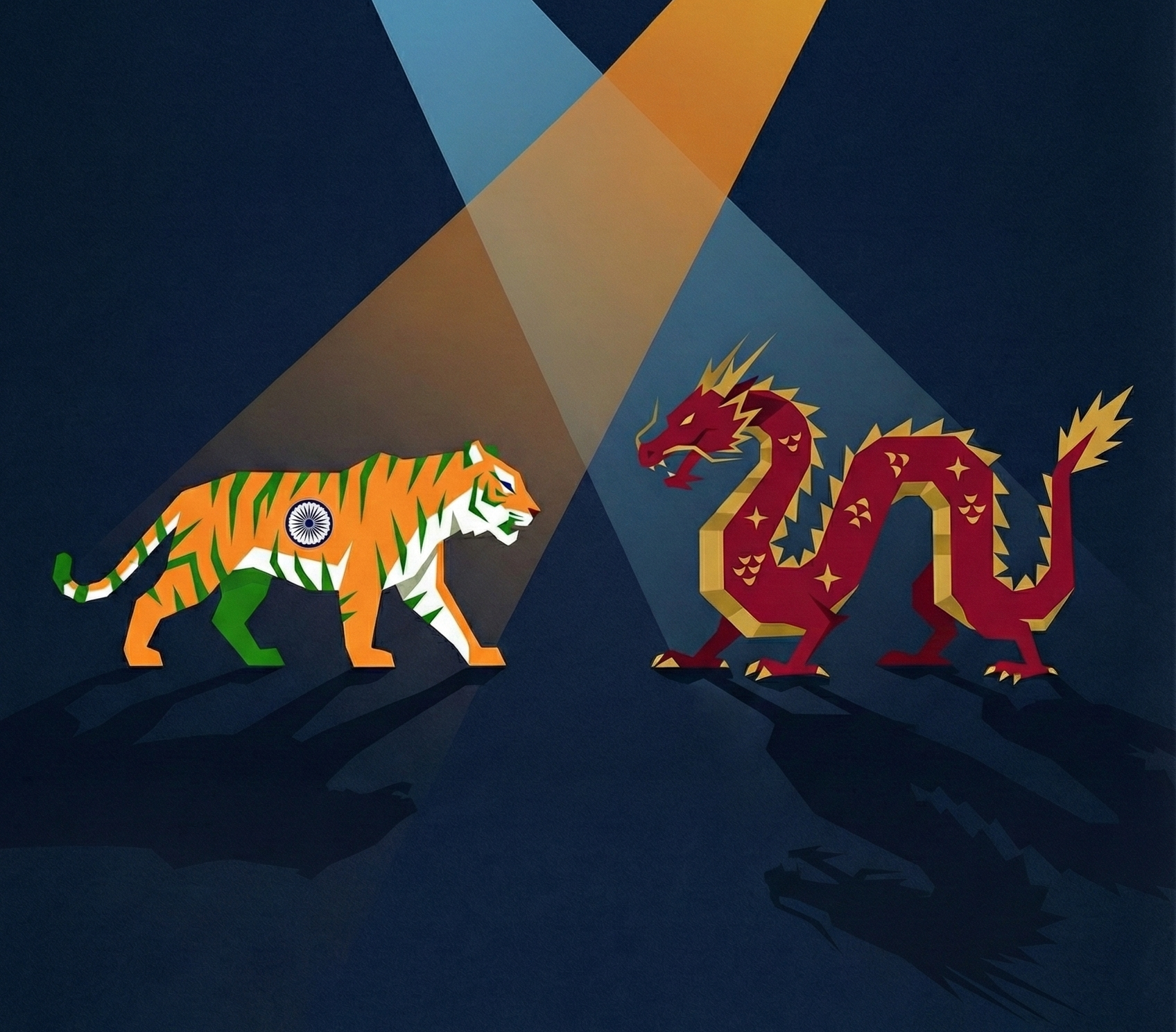 This image is showing how the asian giants India and China are facing off against each other without choosing extreme options and trying to anticipate each other's next move